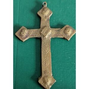 Vtg Brass Cross Pendant Repousse Florentine Unsigned Miriam Haskell Necklace